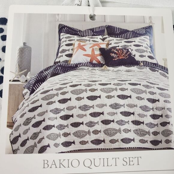 Levtex Home Bakio Quilt Set Twin Coastal Fish Pattern 68x86 Blue White Nautical - Picture 2 of 8
